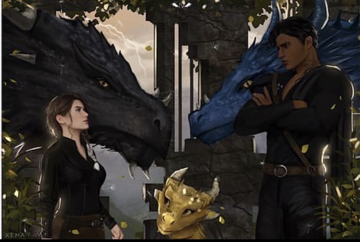 two people standing next to each other in front of a dragon and man with horns