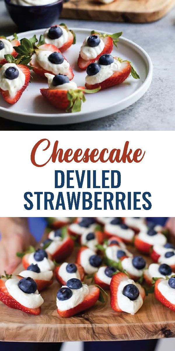 cheesecake deviled strawberries are topped with blueberries and whipped cream