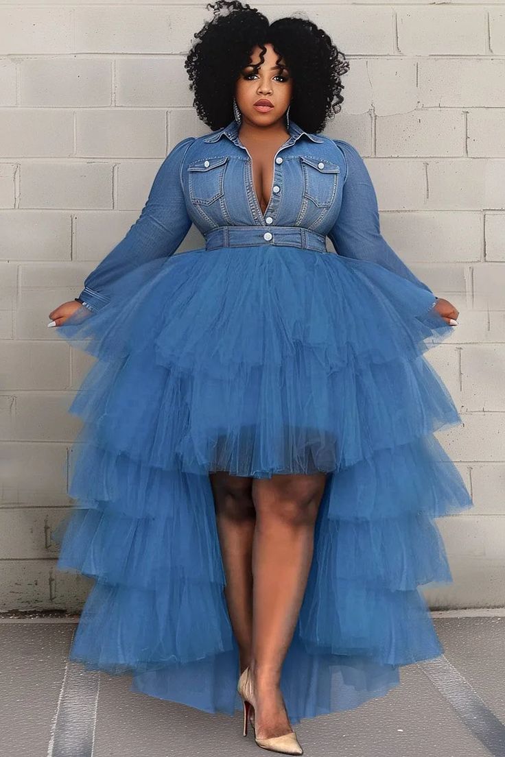 Xpluswear Design Plus Size Daily Blue Tiered Tencel Denim Two Piece Skirt Sets [Pre-Order] Denim Themed Party Outfit Women, Women Birthday Outfit Ideas, Western Birthday Outfit Women, Winter Blue Dress, Cruise Outfits For Women Plus Size, Denim And Pearls Outfits, Denim And Diamonds Party Outfit, Plus Size Going Out Outfits, Two Piece Outfits Skirt