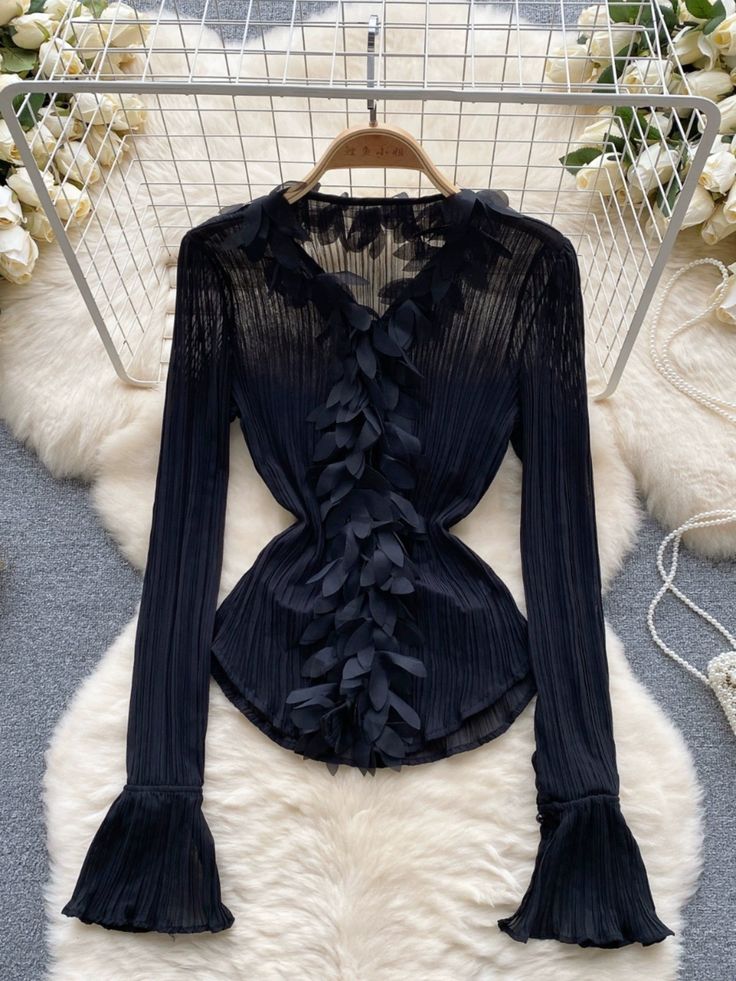 womens autumn ruffled long sleeve blousesMaterial:blendedColor:white,blackStyle:stylishFeatures:uniqueSize(CM):one size 1inch=2.54cmlength 56, sleeve length 67, bust 96-120&ltp&gtAll items will arrive in 20-25 business days, if you have an emergency, please contact us to upgrade logistics.&lt/p&gt&ltbr/&gt&ltp&gtNeed to add 16 dollars fast shipping(Arrive in 10-14 days).&lt/p&gt&ltbr/&gt Streetwear Korean, Body Con Dress Outfit, Ruffle Long Sleeve Blouse, Long Sleeve Blouses, Ruffle Long Sleeve, Top Streetwear, Blouse Material, Blouse Styles, Womens Fall