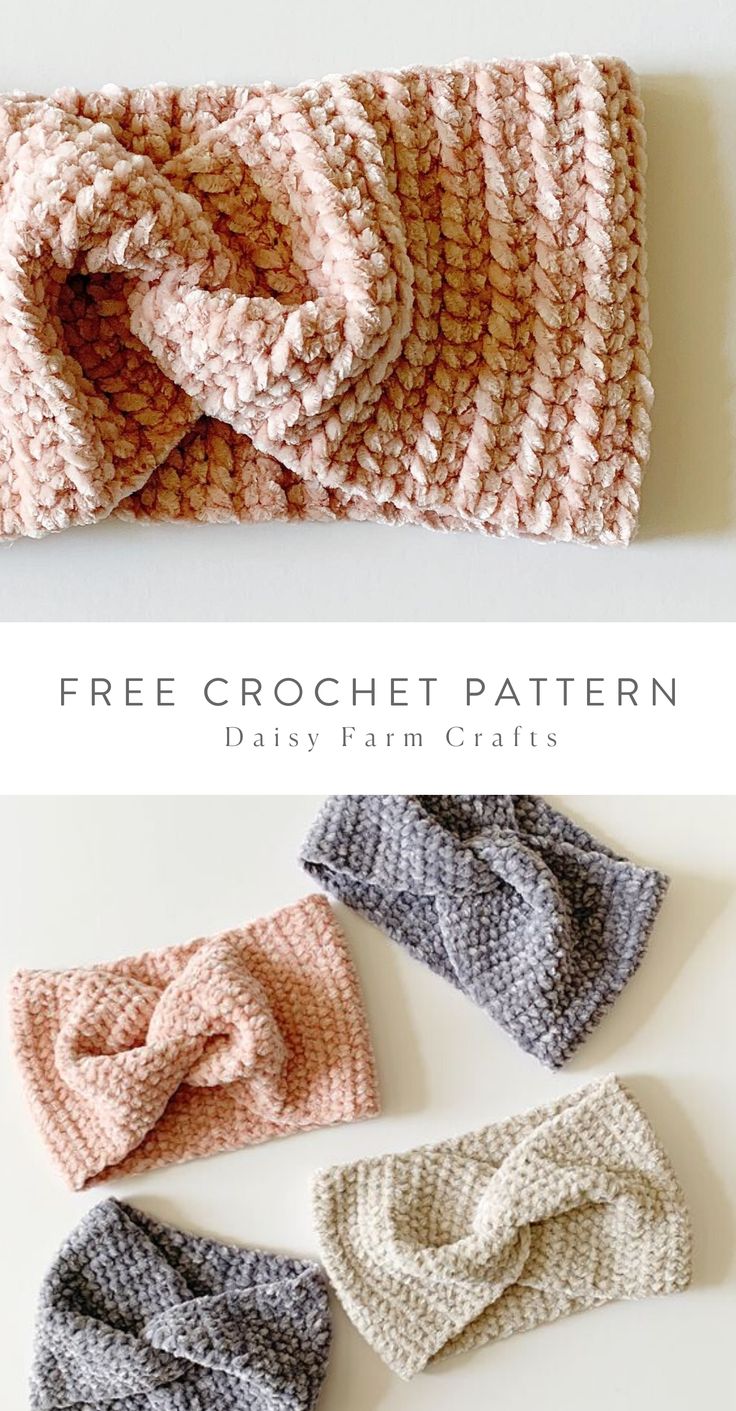 three crocheted headbands with the words free crochet pattern on them