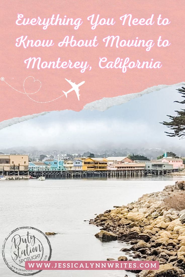 an airplane is flying over the water with a pink background and text that reads everything you need to know about moving to monterey, california