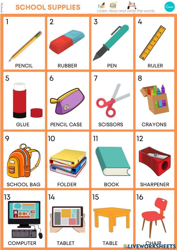 an orange and white poster with school supplies on it