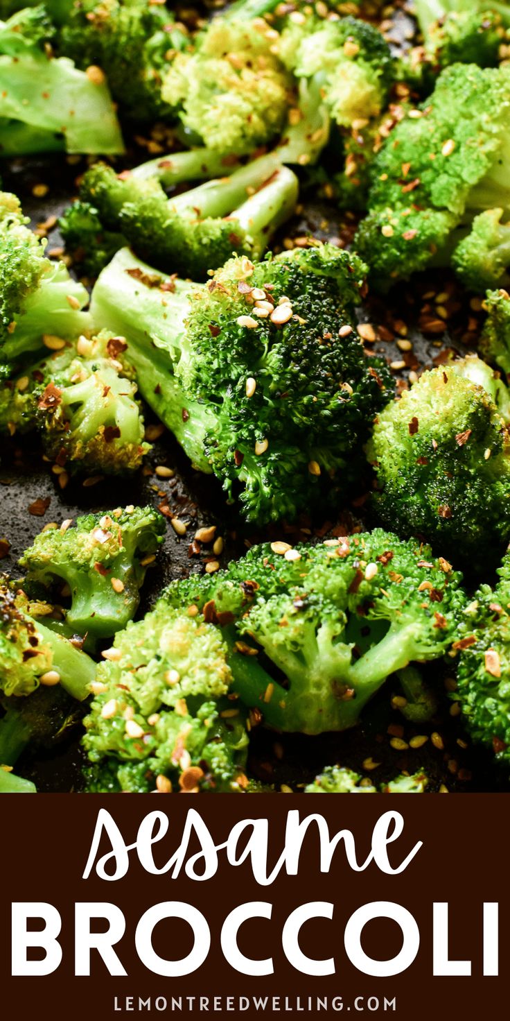 broccoli florets with sesame seeds and seasoning on top