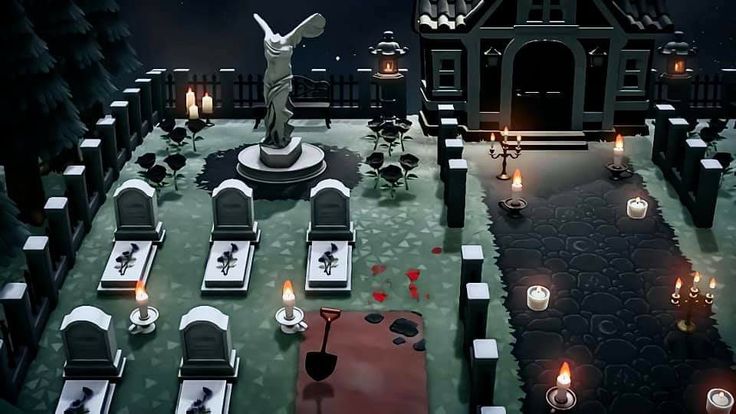 a screenshot of a cemetery with candles in the ground and an angel statue on top