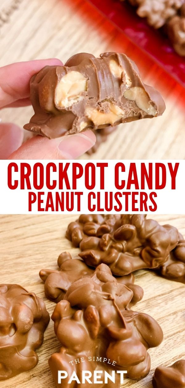 a hand holding up a chocolate candy with the words crockpot candy peanut clusters