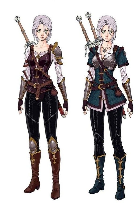 two women dressed in different outfits and holding swords, one is wearing black with white hair