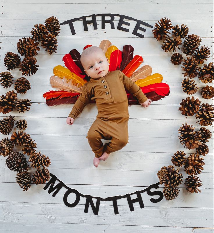 a baby dressed up as a turkey laying on top of pine cones with the words three months written across it