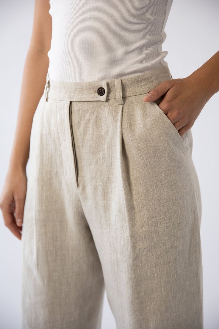 Chic Neutral Linen Pants, Classic Summer Linen Wide Leg Pants, Chic Flax Colored Linen Bottoms, Chic Flax Linen Bottoms, Spring Neutral Linen Wide Leg Pants, Chic Flax Linen Pants, Chic Neutral Wide Leg Linen Pants, Neutral Linen High-waisted Pants, Neutral High-waisted Linen Pants