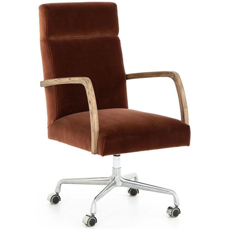 a brown office chair with wheels and casteors on an isolated white background, viewed from the front