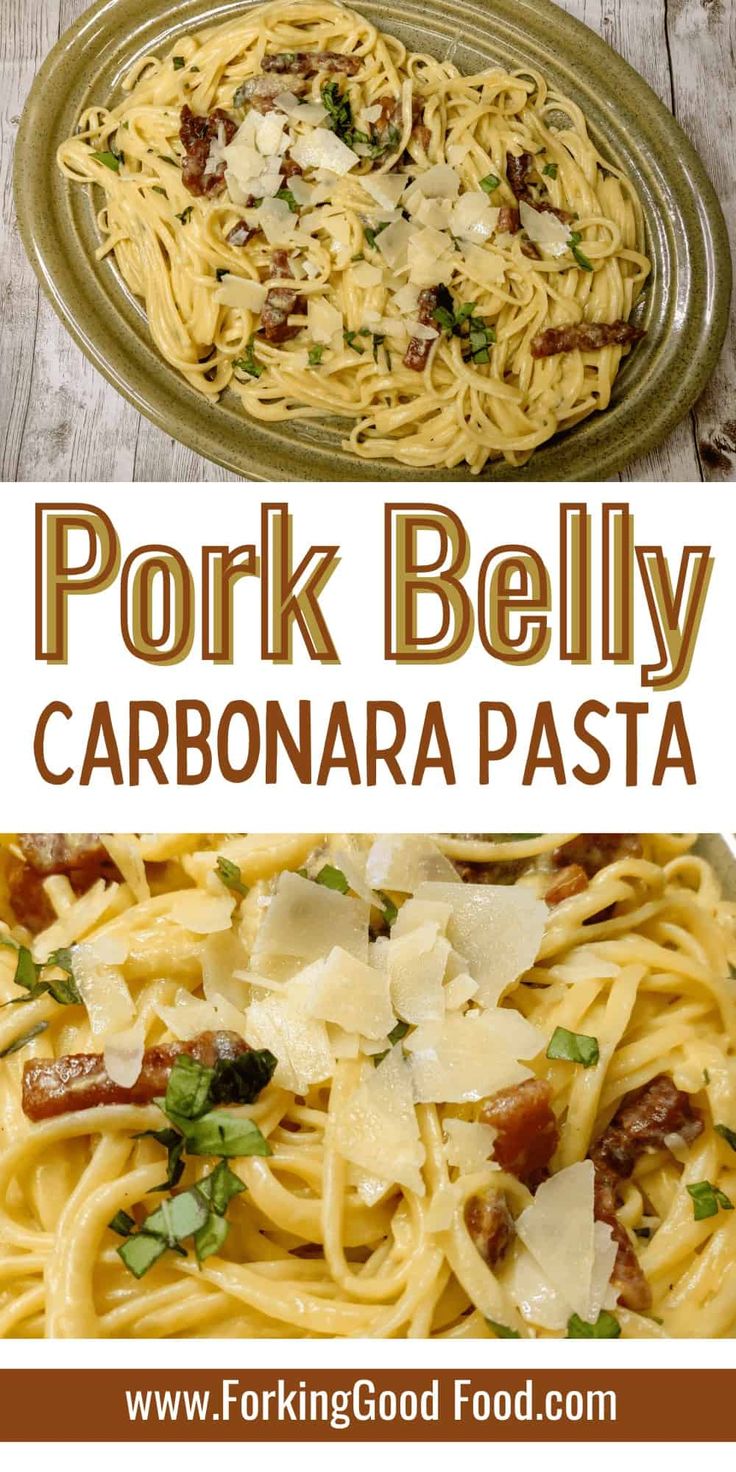 pork belly carbonara pasta with parmesan cheese on top and bacon in the middle