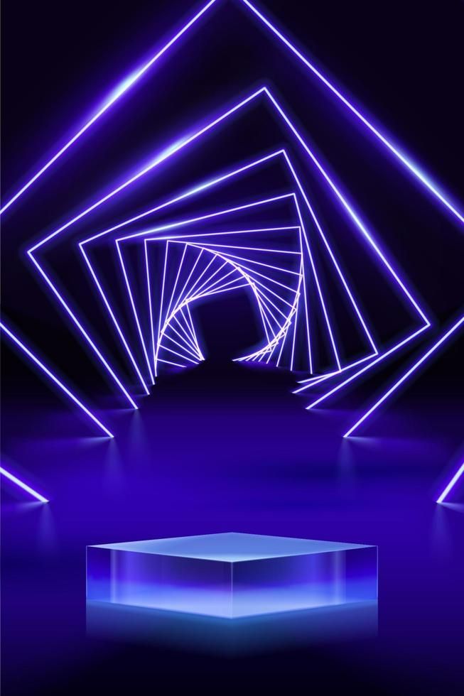 3d futuristic and luxury product display background. Glass cube stage with geometric neon light decor. Futuristic Decorations Parties, Geometric Stage Design, Futuristic Moodboard, Futuristic Layout, Diamond Reflection, Futuristic Stage, Luxury Futuristic, Futuristic Decoration, Product Display Background