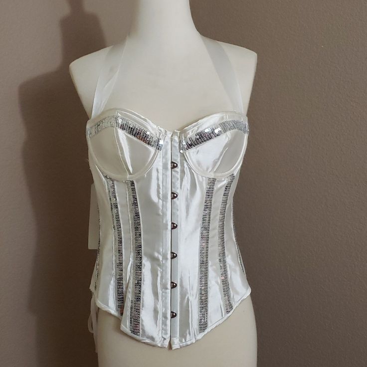 Nwt White Sequin Corset, Holter Satin Lace, White Tong Size Xl Any Questions Let Me Know Accepting Reasonable Offers Glamorous White Corset, White Underwire Party Corset, White Underwire Corset For Parties, Glamorous White Strapless Corset, Glamorous White Corset With Boned Bodice, Fitted White Top For Wedding Night, White Satin Corset, Elomi Bras, Sequin Corset