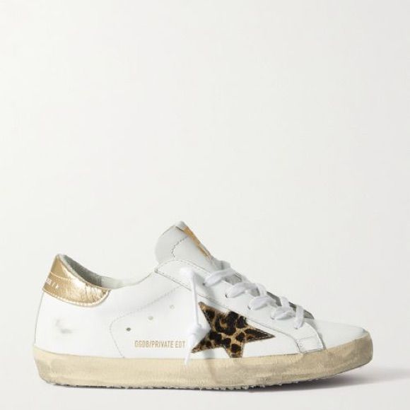 Superstar Distressed Leopard-Print Calf Hair-Trimmed Leather Sneakers - White Golden Goose Platform, Women’s Shoes, White Golden Goose, Tiffany Gold, Shoes Golden Goose, Preppy Shoes, Sore Eyes, Shoe Wishlist, Goose Shoes