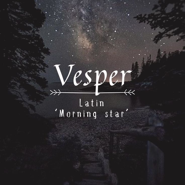 the words vesper written in front of a night sky filled with stars and trees