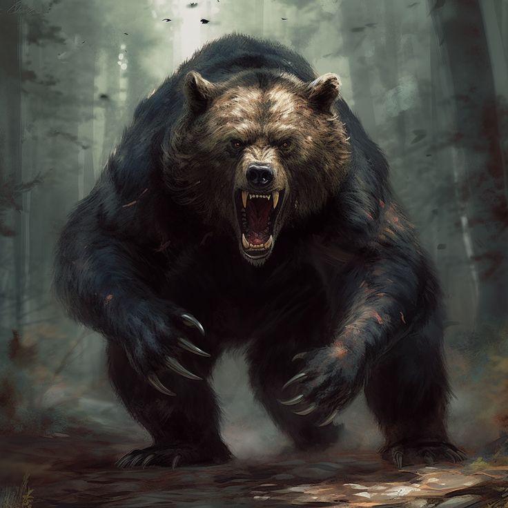 a bear with its mouth open walking through the woods in front of trees and leaves