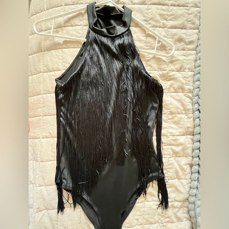 Black Bodysuit With Fringe On The Front. Size S Never Worn Black Bodysuit, Womens Tops, Full Service, Women Shopping, Black, Color