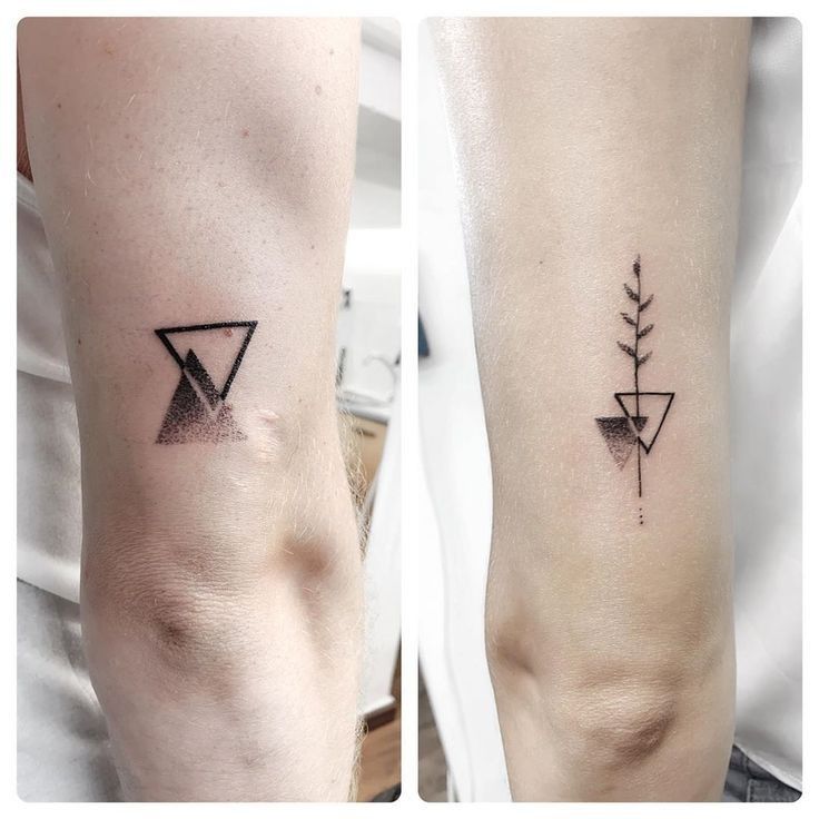 two tattoos on the legs of people with different shapes and sizes, one has an arrow