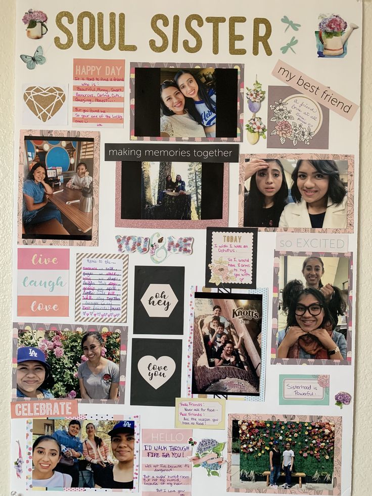 a collage of pictures and words on a white board with the word soul sister written in gold