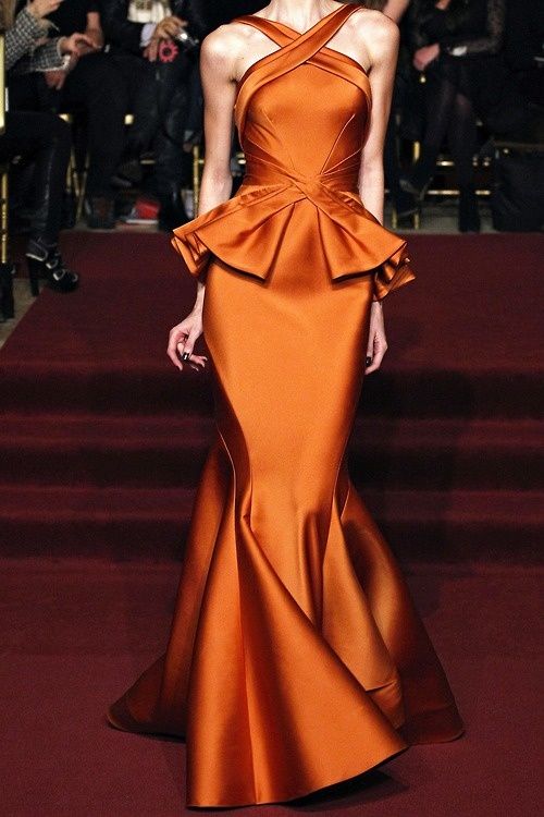 Great silhouette for the inverted triangle body shape (and the color is delish!) #shopUniques.com Orange Gown, Custom Bridesmaid Dress, Hot Lingerie, Zuhair Murad, Zac Posen, Gorgeous Gowns, Marchesa, Orange Dress, Elie Saab