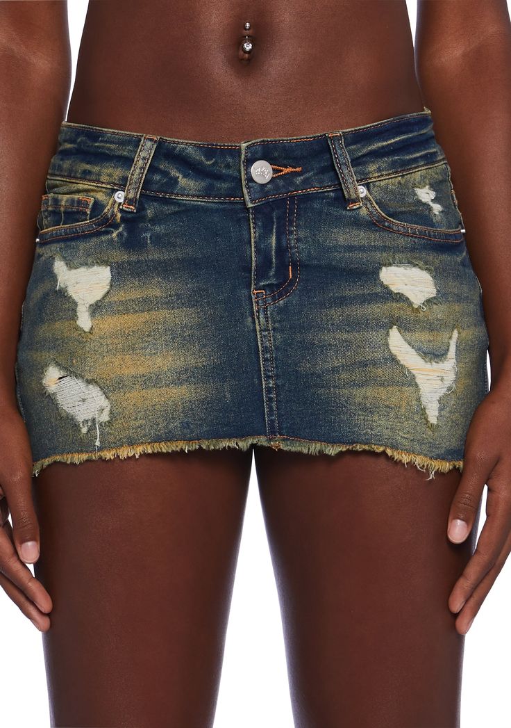 you've got the essence of a baddie. This micro mini skirt has a vintage wash stretch denim construction with distressed details, a low rise fit with V-cut waistband, pockets on the front and back, "gk" cursive logo embroidery, and a zip-fly closure. Kiss Outfits, Cursive Logo, Micro Mini Skirt, Free Socks, New Dolls, Micro Mini, V Cut, V Cuts, Logo Embroidery