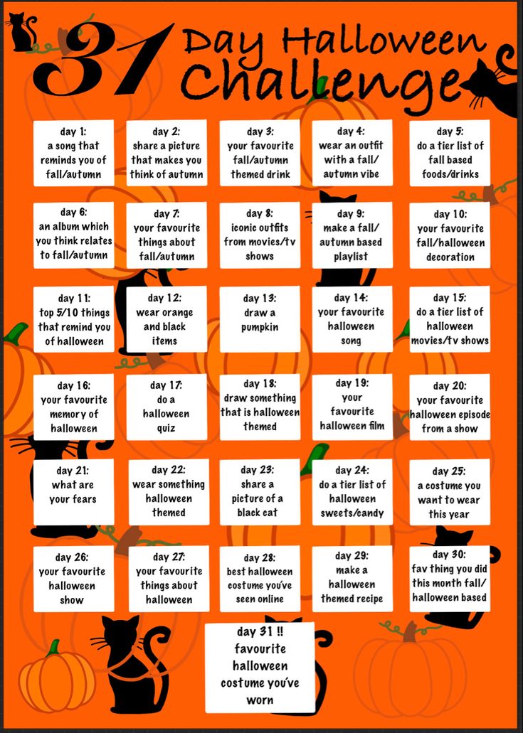 an orange and black poster with words on it that says, 9 day halloween challenge