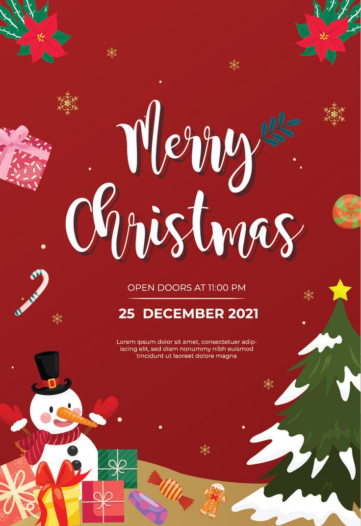 a merry christmas flyer with a snowman and presents