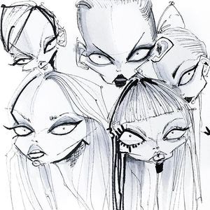 an ink drawing of three women with long hair and demon makeup on their faces, looking at the camera