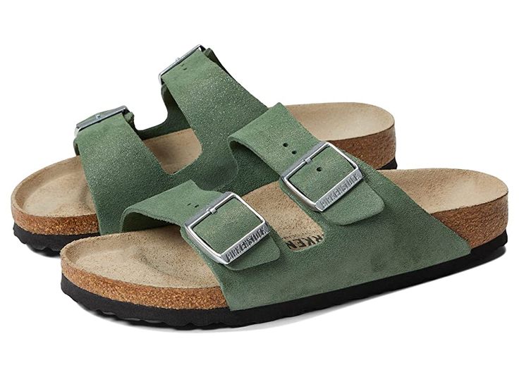 Birkenstock Arizona - Women's Shoes : Shimmering Thyme Suede : Keep it classy and comfortable during your casual street strolls wearing the Birkenstock Arizona Sandals. Easy slip-on style with dual buckle straps. Round open toe. Suede uppers. Leather lining and insoles. Lightweight and shock-absorbing EVA outsole. Imported. Measurements: Weight: 8 oz Product measurements were taken using size EU 38 (US Women's 7-7.5), width Narrow. Please note that measurements may vary by size. Adjustable Buckle Footbed Sandals For Outdoor, Adjustable Buckle Closure Footbed Sandals For Outdoor, Comfortable Slides With Buckle Closure And Round Toe, Classic Slide Footbed Sandals For Spring, Classic Slides With Buckle Closure For Spring, Classic Footbed Sandals For Vacation In Spring, Classic Footbed Sandals For Spring Vacation, Classic Spring Footbed Sandals For Vacation, Comfortable Closed Toe Footbed Sandals With Buckle