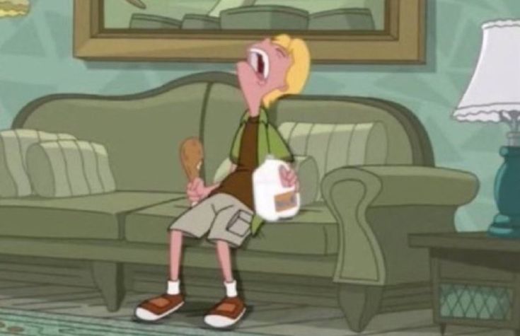 a cartoon character holding a baseball bat in front of a couch with a painting on the wall behind it