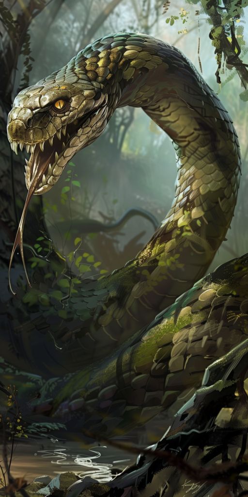 a snake with its mouth open in the woods