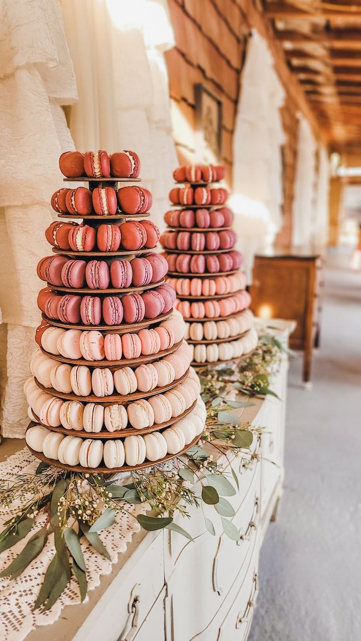 there are many macaroons stacked on top of each other in this room,