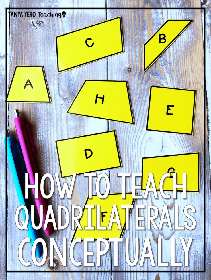 the words how to teach quadrilaterals are written in white and yellow paper