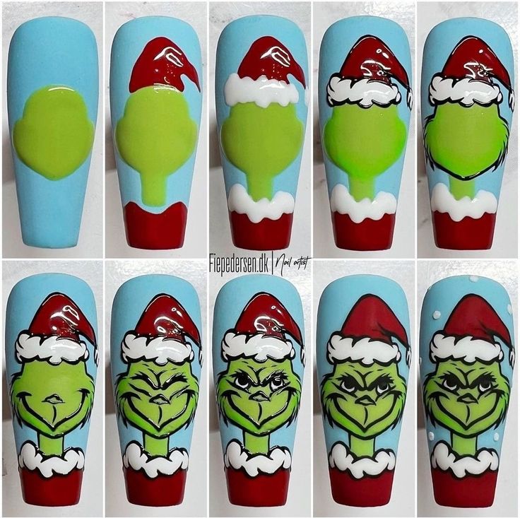 O Grinch, Xmas Nail Designs, Nail Art Noel, Christmas Nail Art Easy, Santa Nails, Xmas Nail Art, Nail Drawing, Nail Designs Tutorial, Diy Acrylic Nails