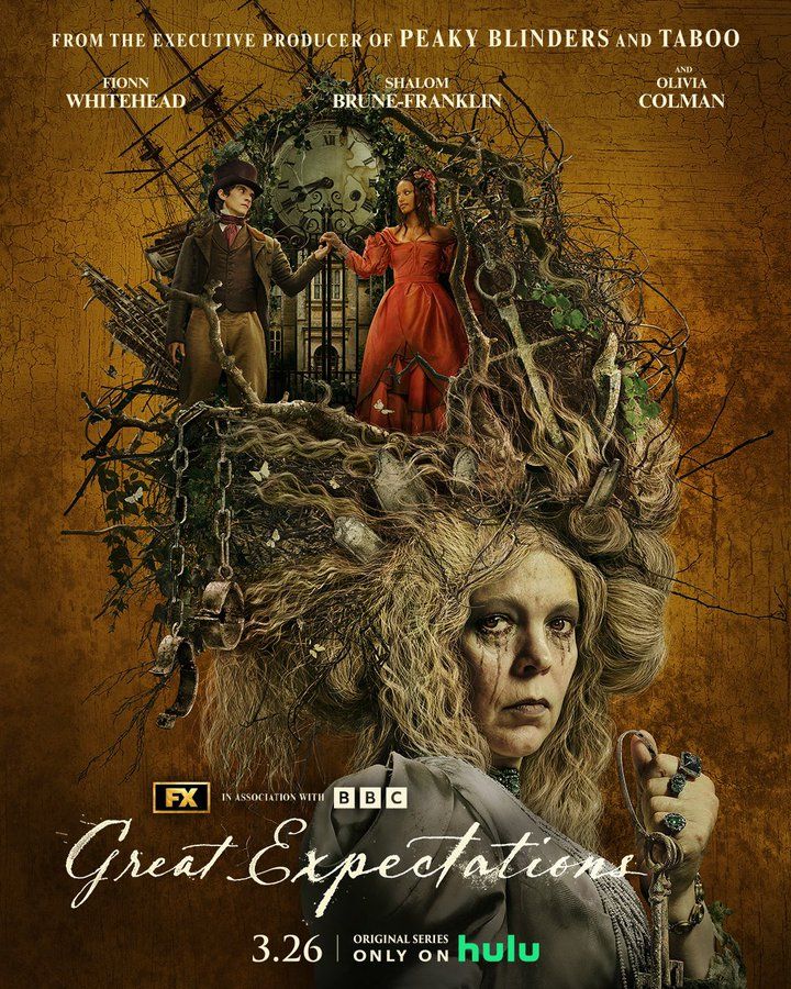 a poster for the movie great expectations, starring actors from two different eras and their roles