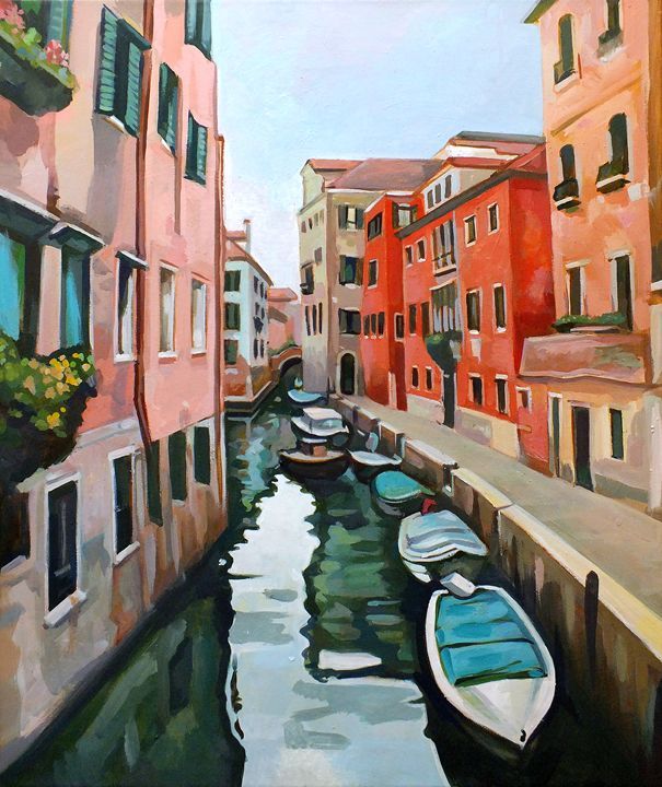 an oil painting of boats on a canal in venice, italy with buildings lining the sides