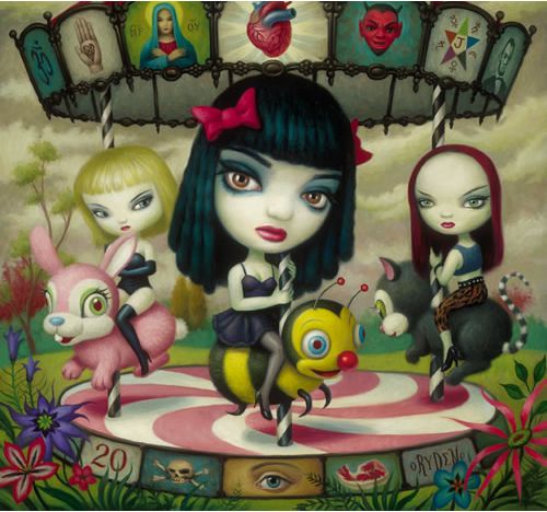 a painting of three girls on top of a carousel with cats and birds around them