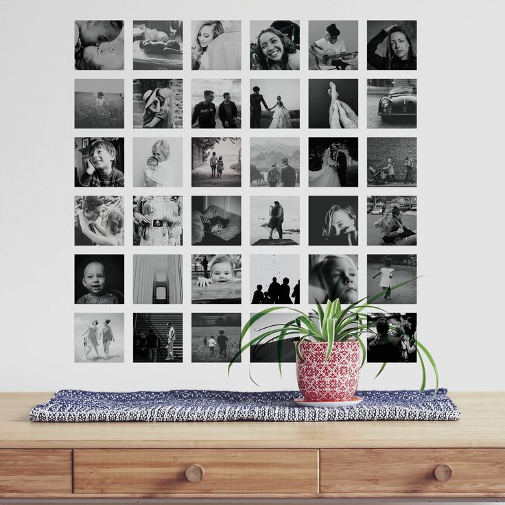 a table with a potted plant on top of it next to a wall covered in photos