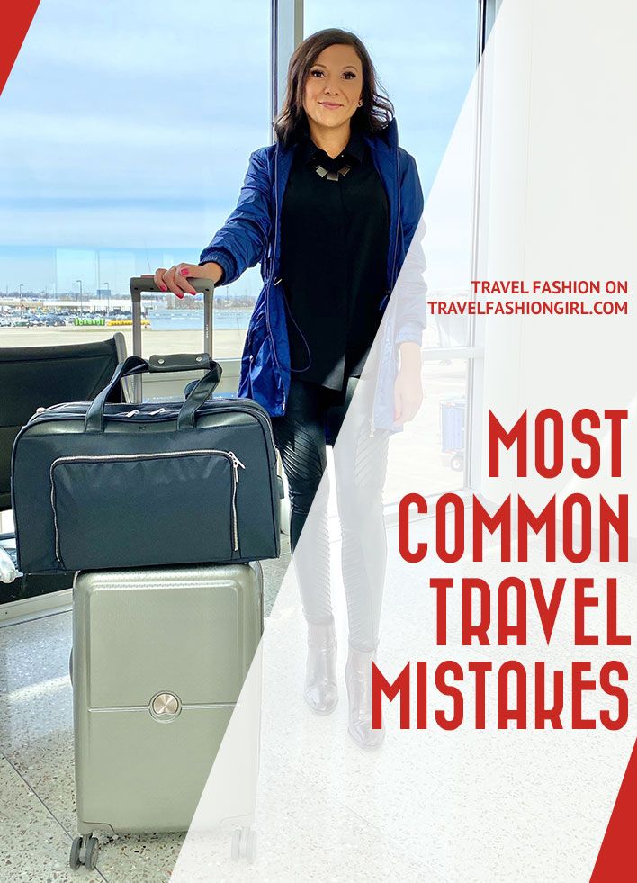 a woman standing next to her luggage at an airport with the words most common travel mistakes