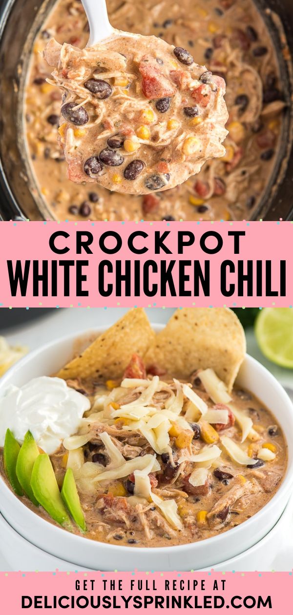 This warm comfort food for dinner is one of the best! Filled with shredded chicken, black beans, cream cheese, and more, this slow cooked chili is a bowl of creamy, delicious soup. Plus, this Crockpot White Chicken Chili Recipe is the perfect weeknight meal! Cream Cheese Rotel, Crockpot Chicken Chili Recipes, White Chicken Chili Recipe Crockpot, Creamy Chicken Chili, Chicken Black Beans, White Chicken Chili Slow Cooker, Slow Cooker Chicken Chili, Crockpot White Chicken Chili, White Chili Chicken Recipe