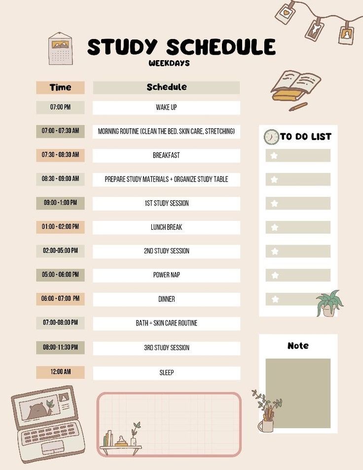 the study schedule for students is shown with notes and books on it's side