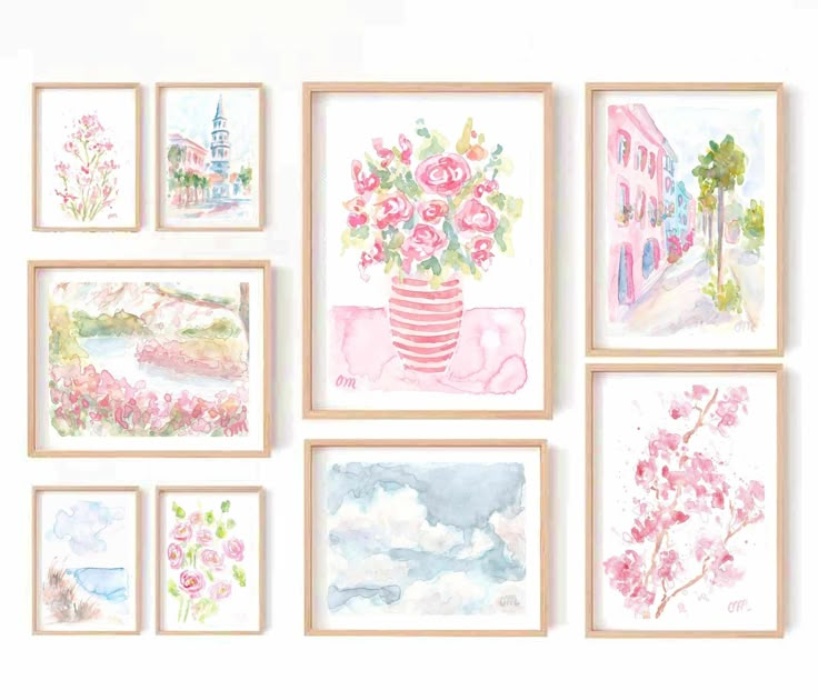 a bunch of pictures hanging on the wall with flowers in vases and watercolor paintings