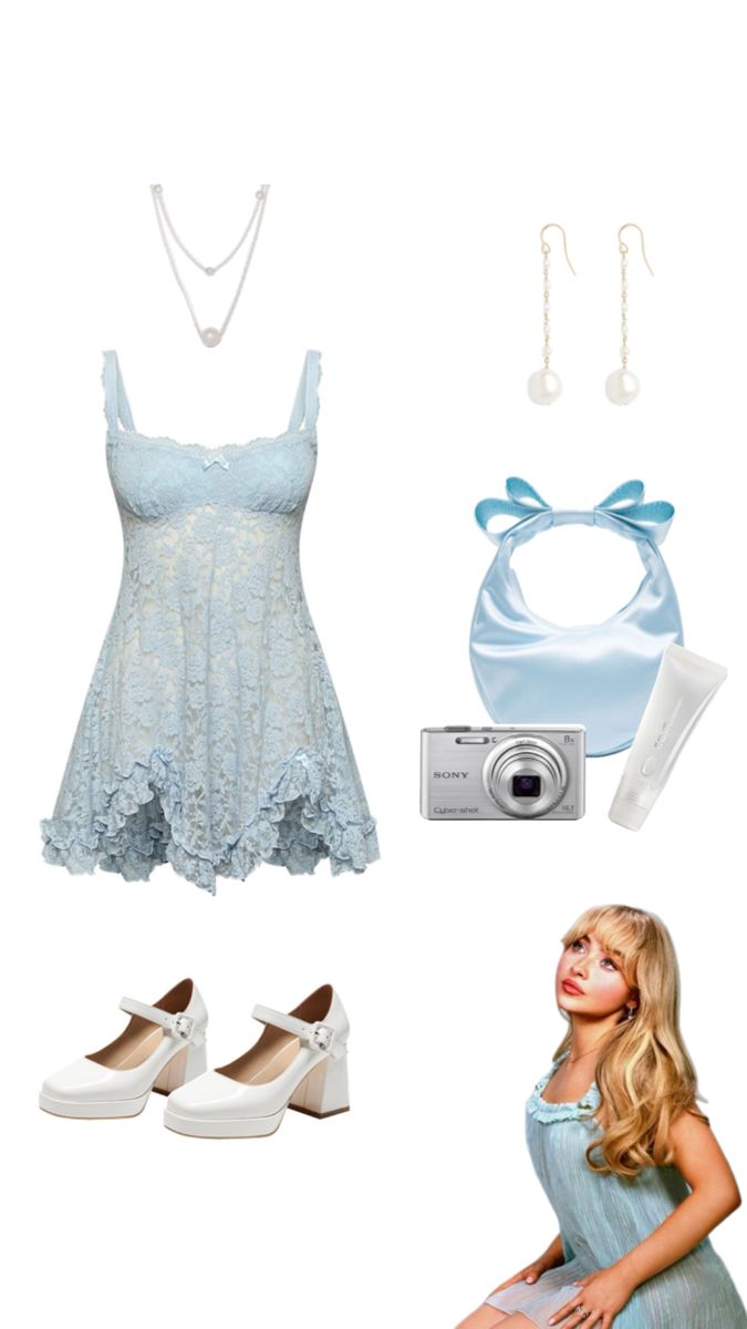 sabrina carpenter short n sweet concert tour outfit: pastel baby doll blue dress, white platform heels, pastel blue bow purse, pearl necklace and earrings Stranger Things Dress, Babydoll Dress Outfit, White Platform Heels, Blue Babydoll Dress, Pearl Necklace And Earrings, Sabrina Carpenter Style, Sabrina Carpenter Outfits, Concert Dresses, Simple Style Outfits