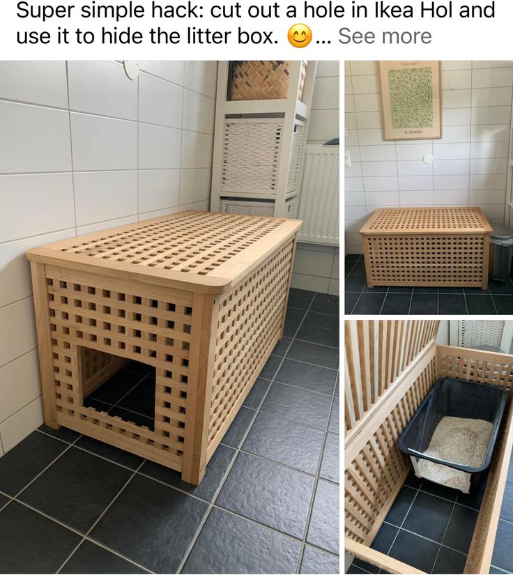 the dog house is made out of wood and has a litter box in it's center