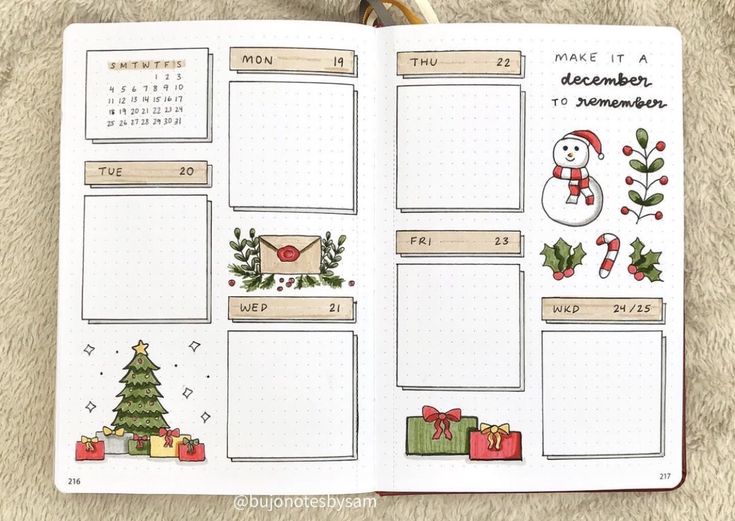 an open planner with christmas decorations on it