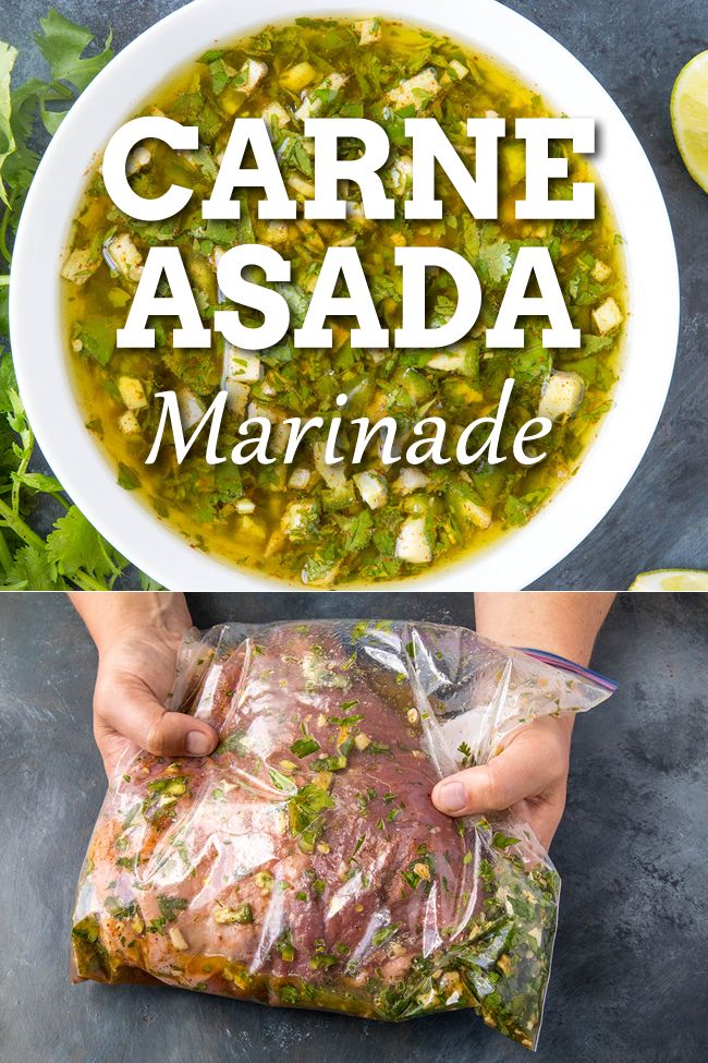 two pictures with the words carne asada marinade in front of it and someone holding a bag of fish