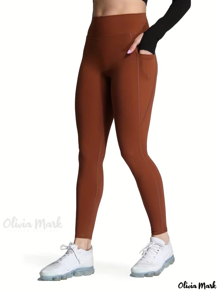 Olivia Mark - Womens Plus Size Sports Leggings: Solid Cross-Waist Tummy Control Yoga Pants with Convenient Phone Pockets Sporty Brown Yoga Pants, Tight Brown Activewear For Workout, Brown Stretch Sports Leggings, Sporty High-stretch Brown Yoga Pants, Brown Tight Activewear For Workout, Brown Stretch Yoga Pants For Sports, Brown High Stretch Sporty Yoga Pants, Sporty Brown Yoga Pants For Sports, Brown Athleisure Leggings For Sports