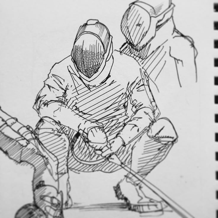 a drawing of two people on skis with one sitting down and the other standing up