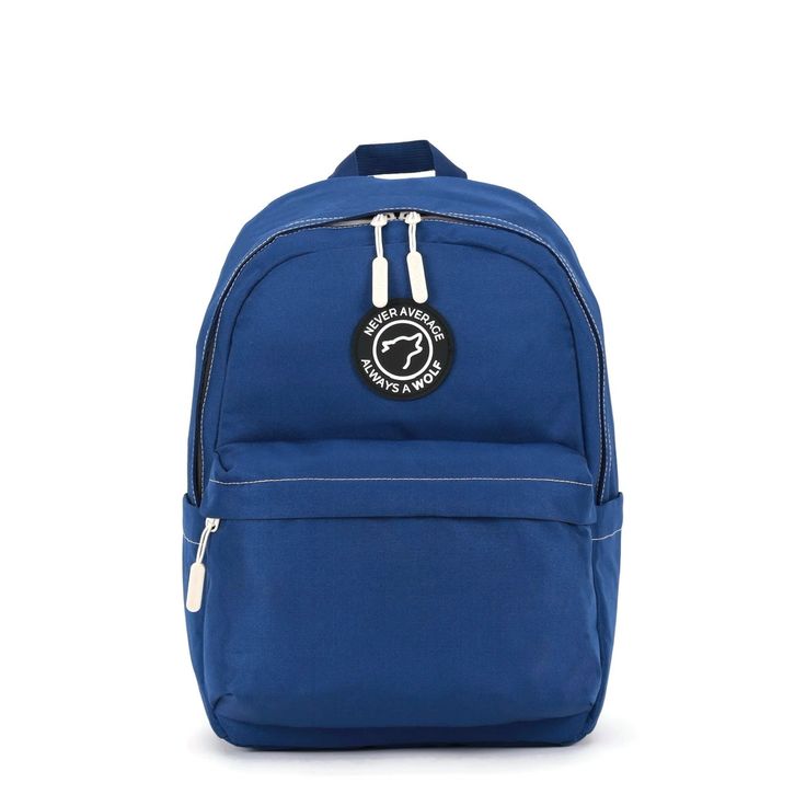 a blue backpack with a black and white logo on the front, sitting against a white background