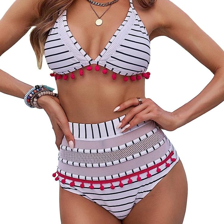 Astylish Women's High Waist Two Pieces Bikini Set Halter Straps Tassel Swimsuit - Brand New, Never Worn 82% Nylon, 18% Spandex Imported Tie Closure Hand Wash Only Two Pieces Swimsuit, Sexy Low V Neck And Cute Tassel Design. Adjustable Halter Tops, Mesh High Waist Bottom Can Easy Hide The Belly. Soft Removeable Padded Cups, The High Waist Panty Flatters A Bombshell Shape. Party Swimwear With Tassels For Beach Season, Fitted Beachwear Swimwear With Tassels, White High Waisted Tankini For Beach, High Waist White Tankini For Beach, Summer Tassel Swimwear For Pool, Tassel Swimwear For Poolside Summer, Summer Poolside Swimwear With Tassels, Party Beachwear Swimwear With Tassels, Summer Swimwear With Tassels For Pool